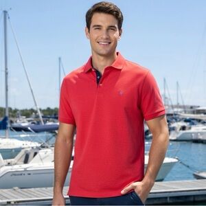 Tailorbyrd Men's Coral-Red Polo with Subtle Embroidered Flamingo